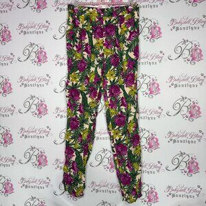 H&M pants floral tropical purple green cream leafs flowers comfy lightweight
